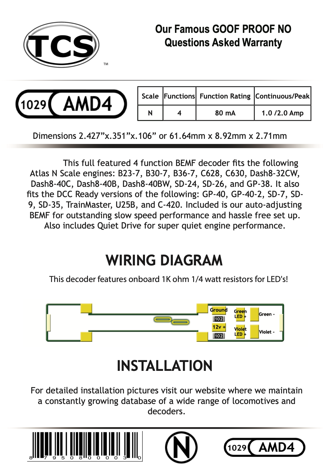 TCS 1029 AMD4 Atlas N scale 4 Function drop-in Decoder