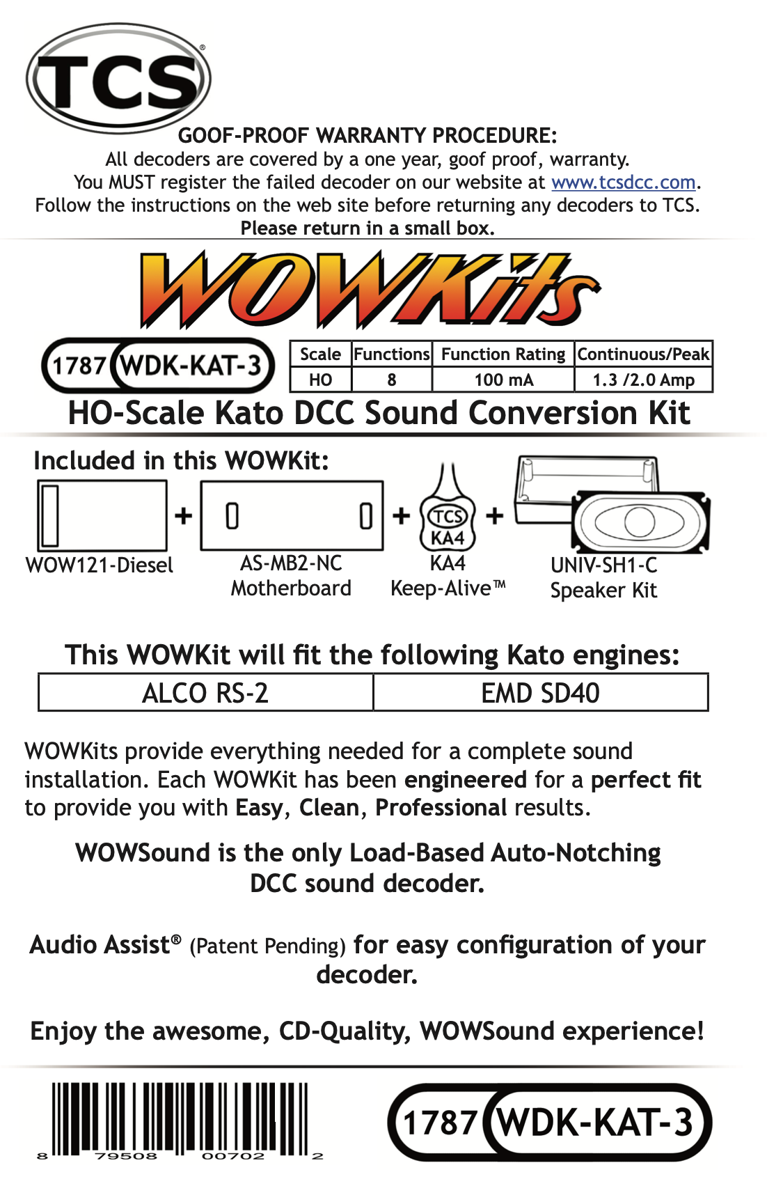 TCS 1787 WOW Diesel Kit Decoder MotherBoard Speaker Enclosure WDK-KAT-3 (Kato/Life-Like/Walthers)
