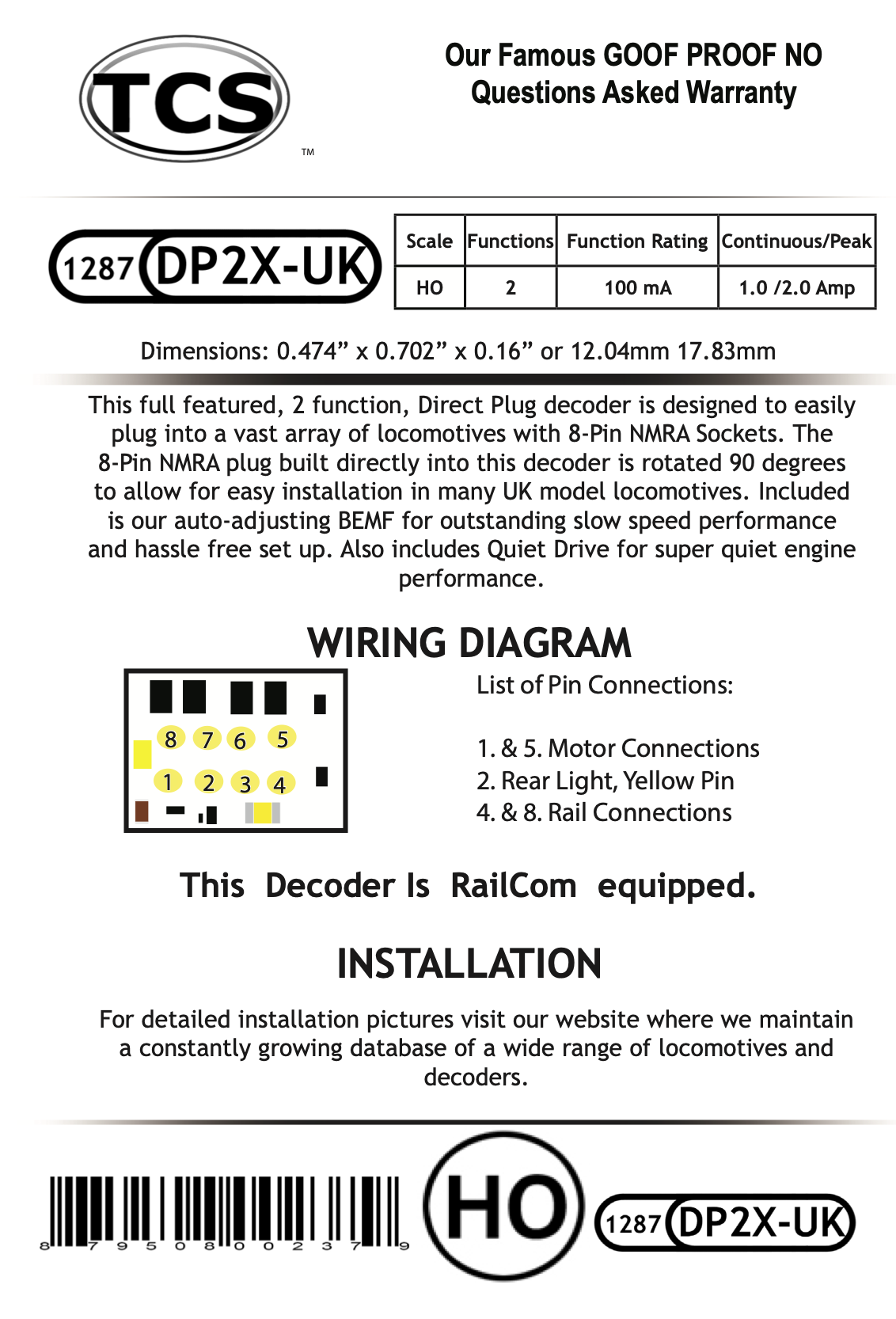 TCS 1287 DP2X-UK 8 Pin NMRA 2 Function DCC Decoder