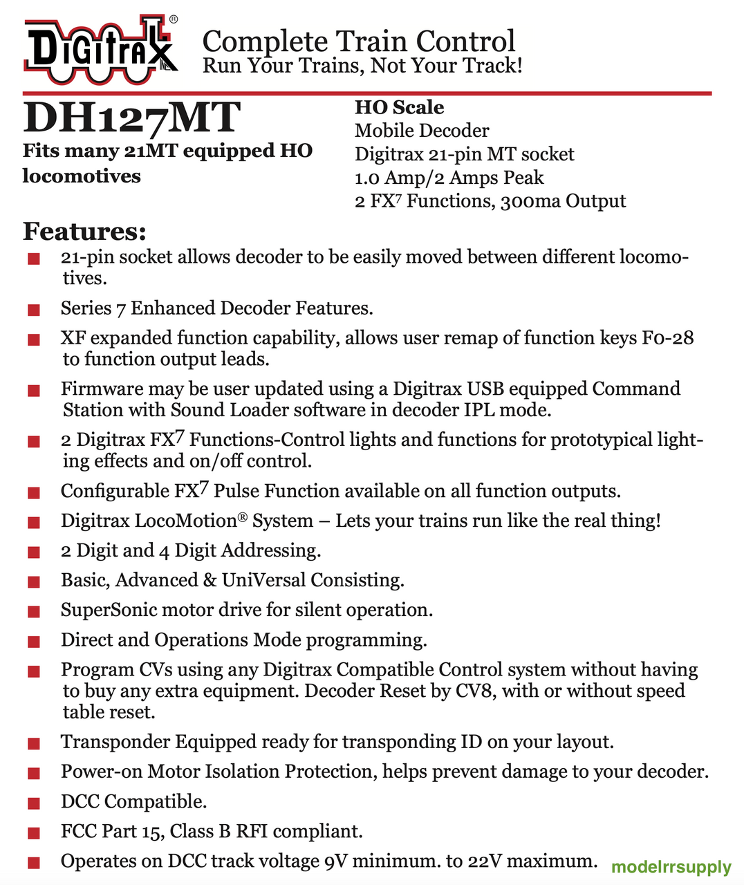 Digitrax DH127MT for HO Scale Locomotives Equipped with 21MTC interface
