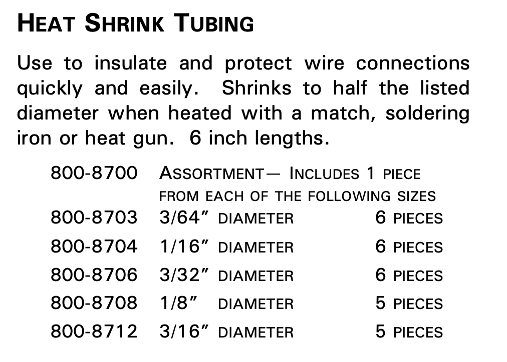 800-8708 Heat Shrink Tubing | 1/8" | 6" Length - 6 pieces