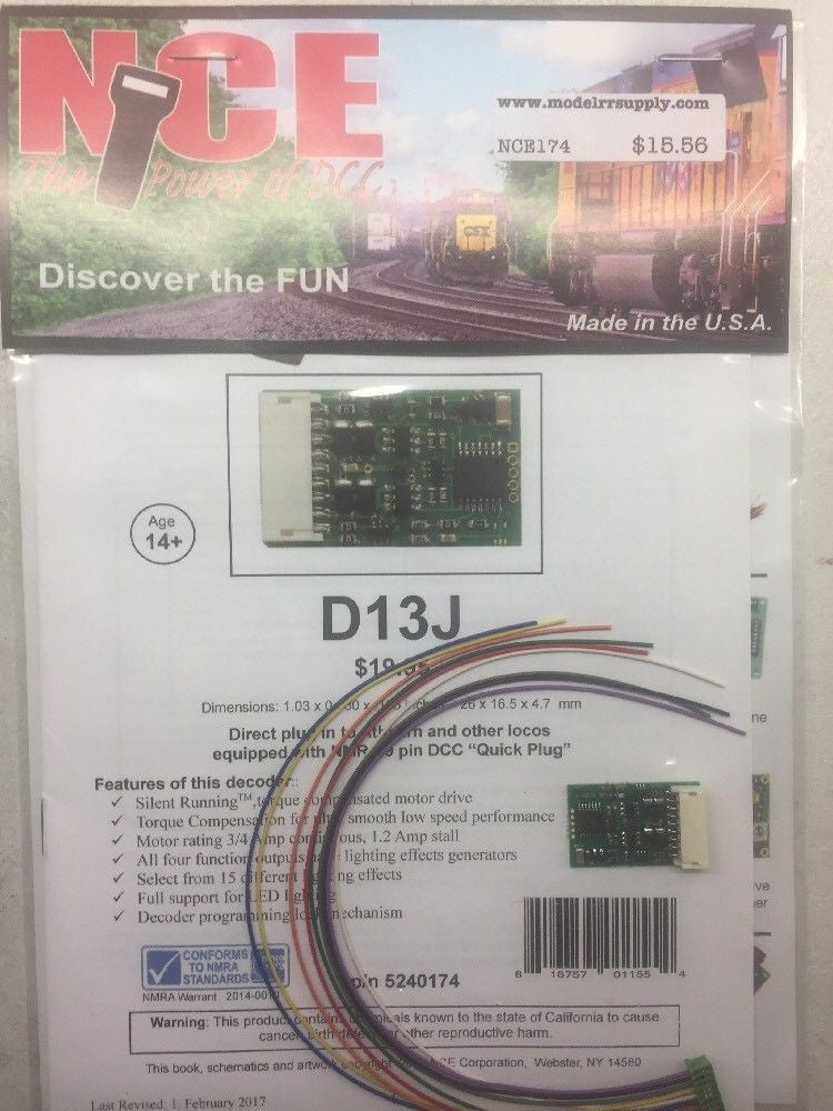 174 D13J HO DCC Decoder Quick-Plug NMRA 9-Pin (replaced D13SRJ)