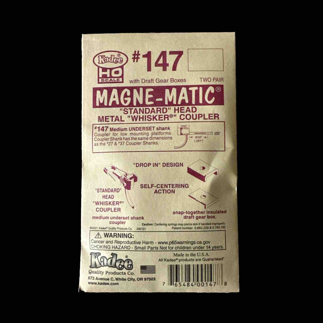 Kadee #147 HO Scale Whisker® Metal Couplers with Gearboxes - Medium (9/32") Underset Shank