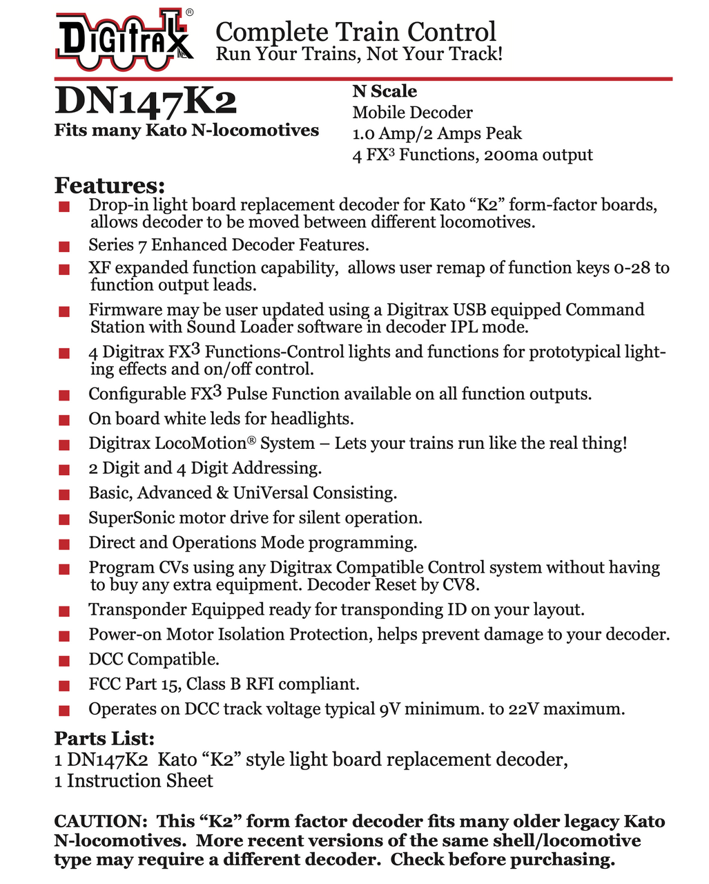 Digitrax DN147K2 Mobile Decoder - Kato "K2" style