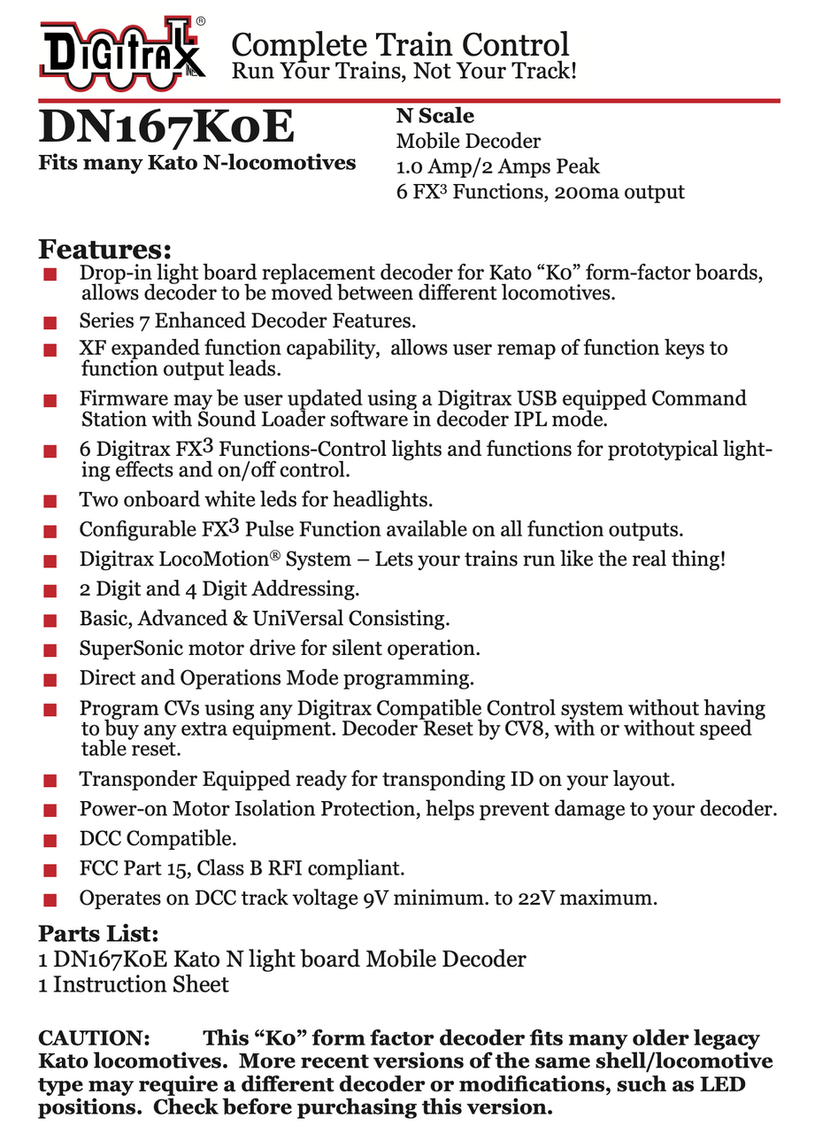 Digitrax DN167K0E Mobile Decoder - Kato "K0" style