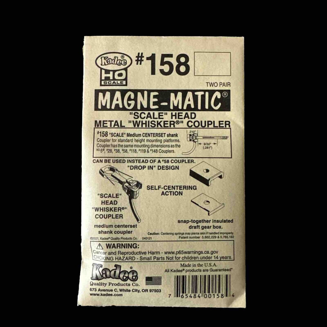 Kadee #158 HO Scale Whisker® Scale Metal Couplers with Gearboxes - Medium (9/32") Centerset Shank