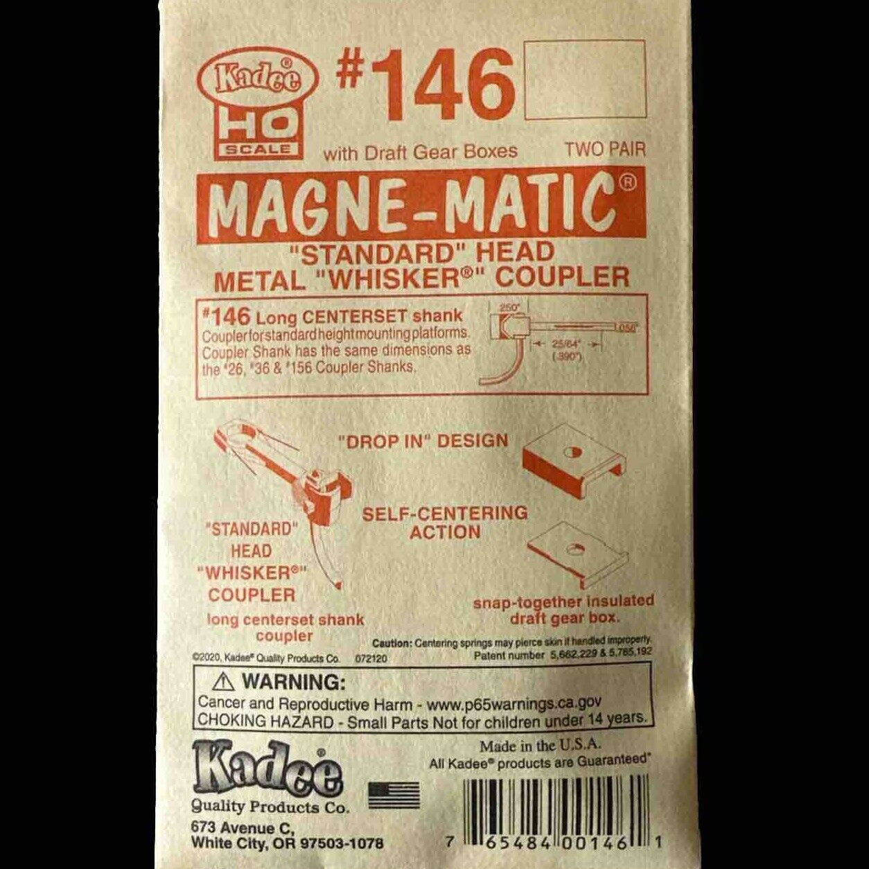 KADEE #146 HO Scale Whisker® Metal Couplers with Gearboxes - Long (25/64") Centerset Shank