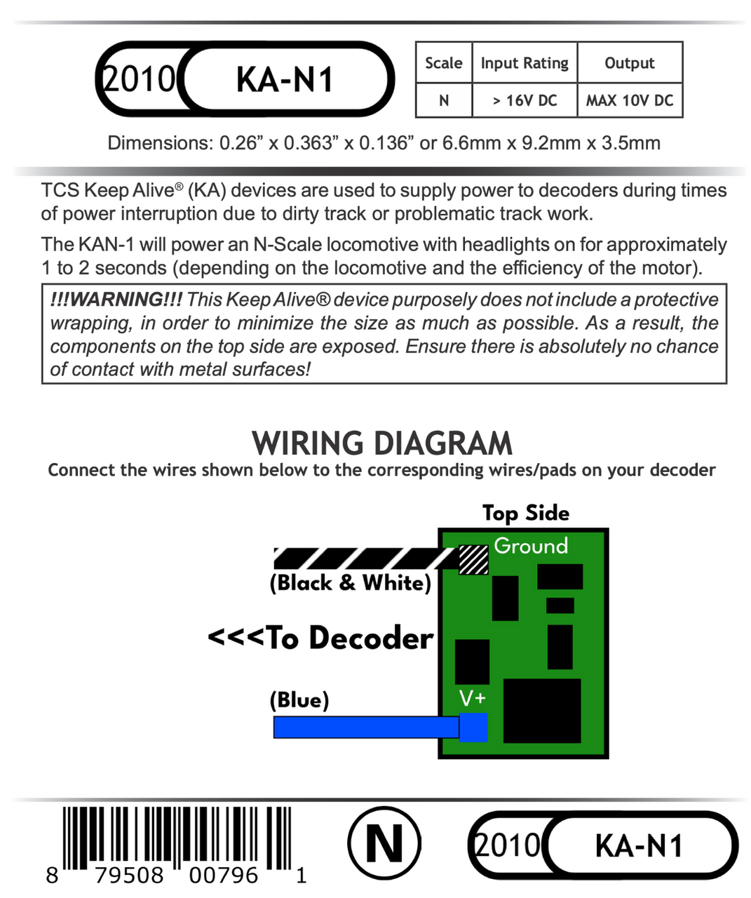 TCS 2010 KA-N1 N scale Keep Alive Device