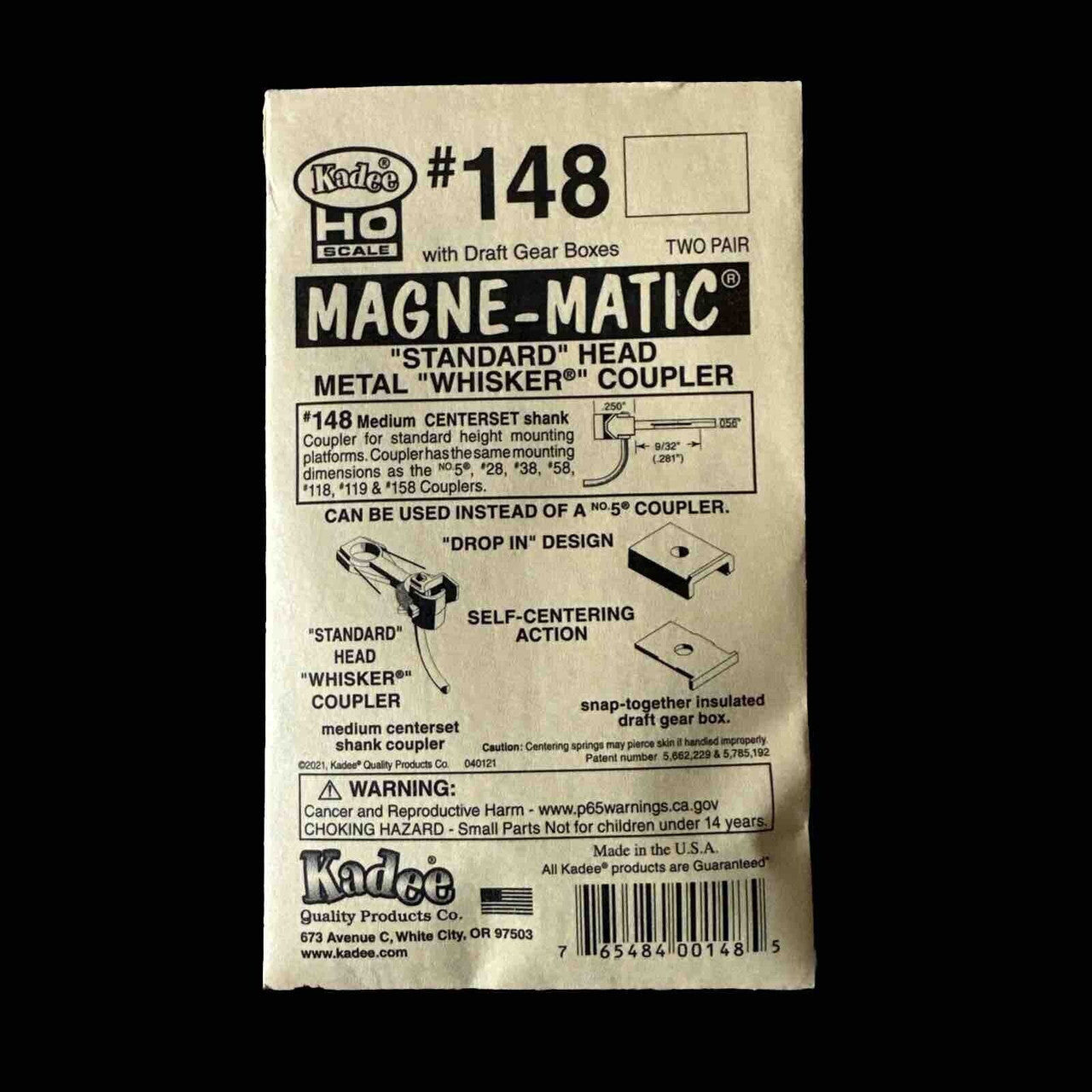 Kadee #148 HO Scale Whisker® Metal Couplers with Gearboxes - Medium (9/32") Centerset Shank