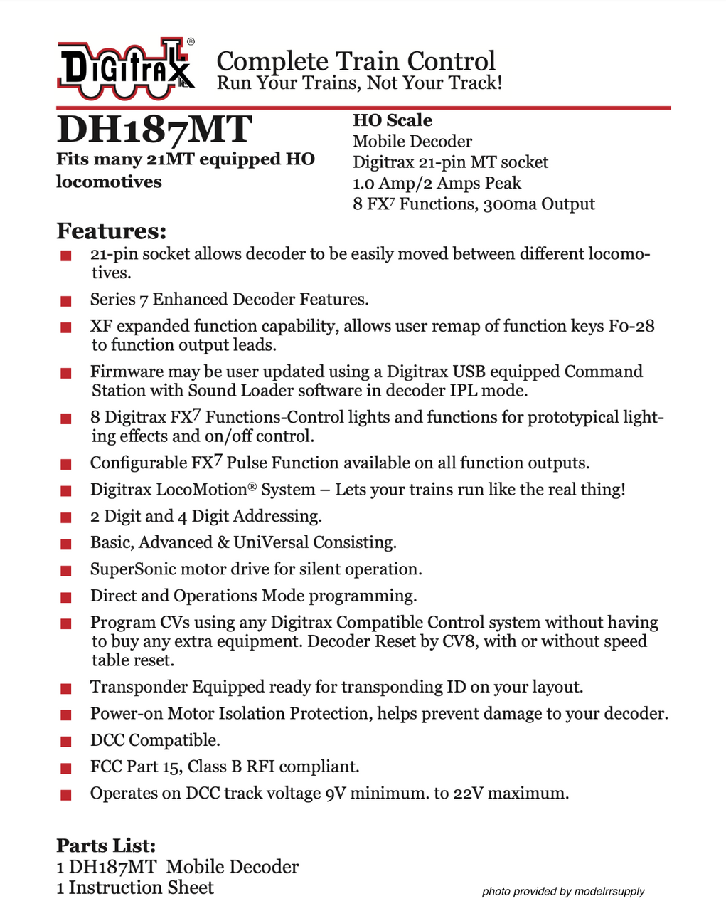 Digitrax DH187MT Mobile Decoder with 21MTC NEM660 interface