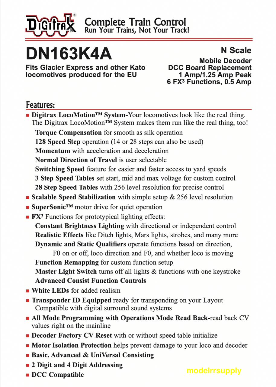 Digitrax DN163K4A Decoder for Kato N Scale Glacier Express & 4-8-4 FEF Steam